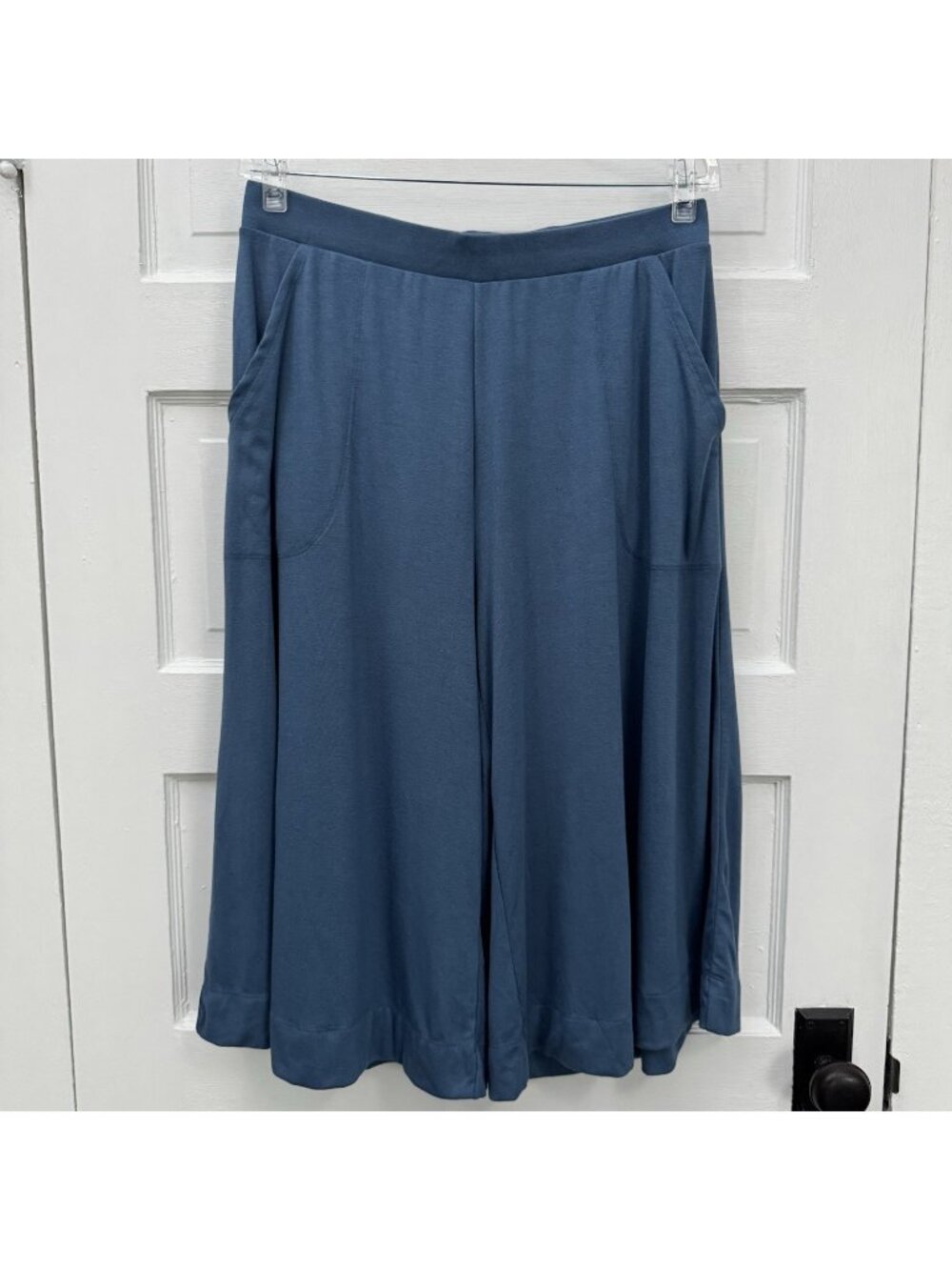 Free-Est Womens L Blue Wide Leg Crop Knit Pants Pull On Elastic Waist Pockets